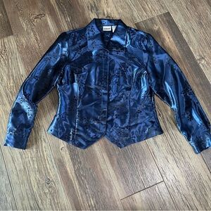 Liz Baker navy blue floral jacquard satin blouse women's 8 petite  dressy VTG
